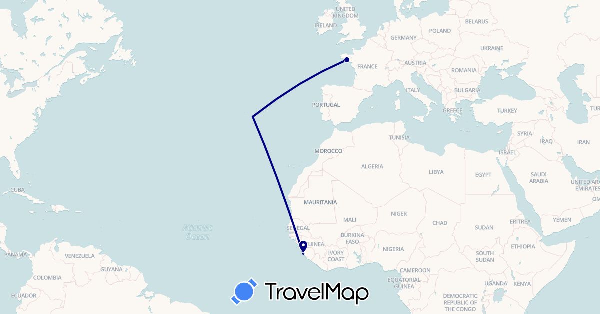 TravelMap itinerary: driving in France, Portugal, Sierra Leone (Africa, Europe)